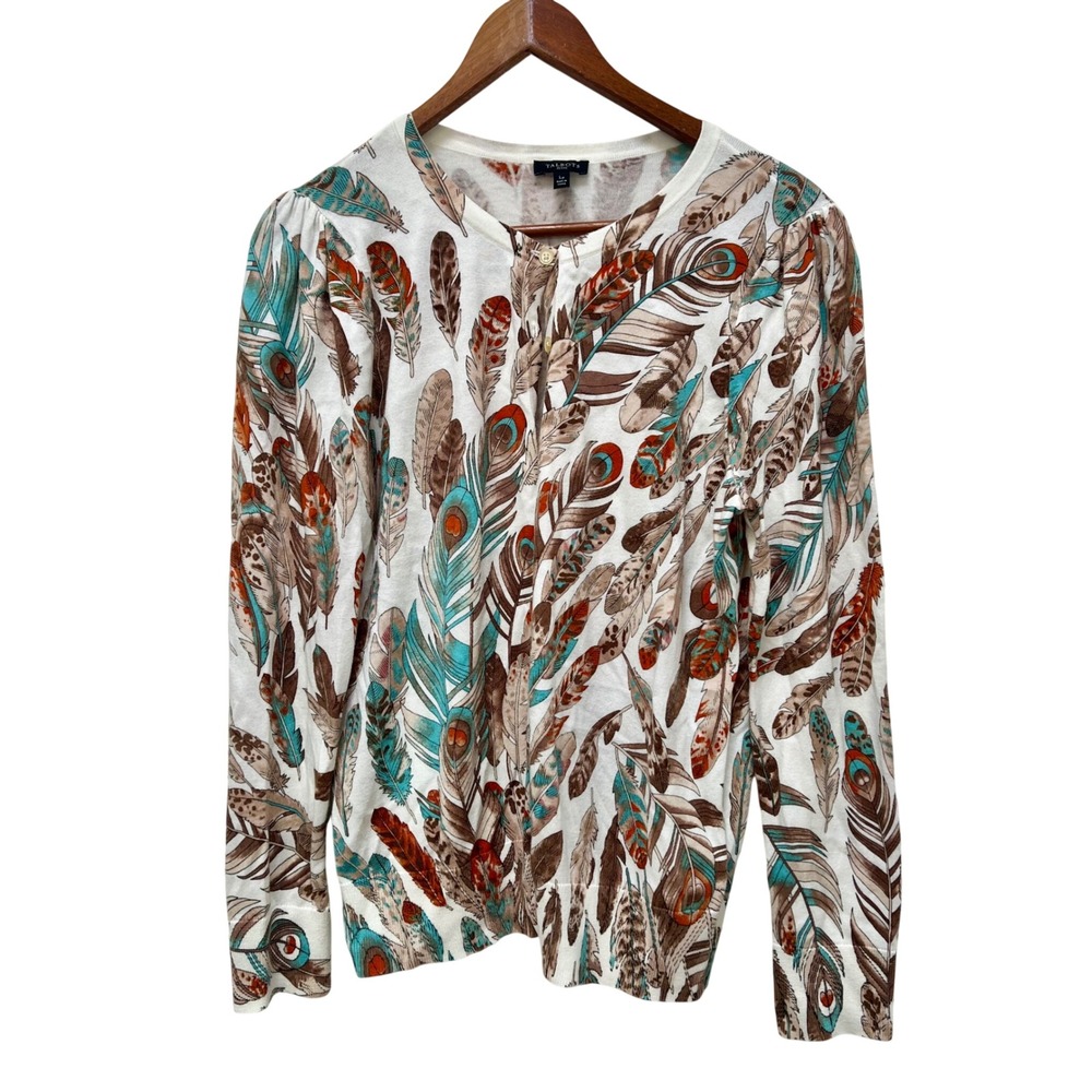 Talbots Petite Feather Print Cardigan Sweater White Turquoise Brown LP Boho